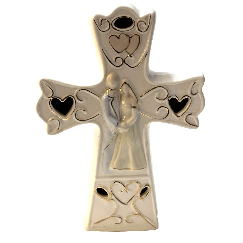 Wedding Cross with Bride and Groom surrounded with Gold Hearts made of Porcelain